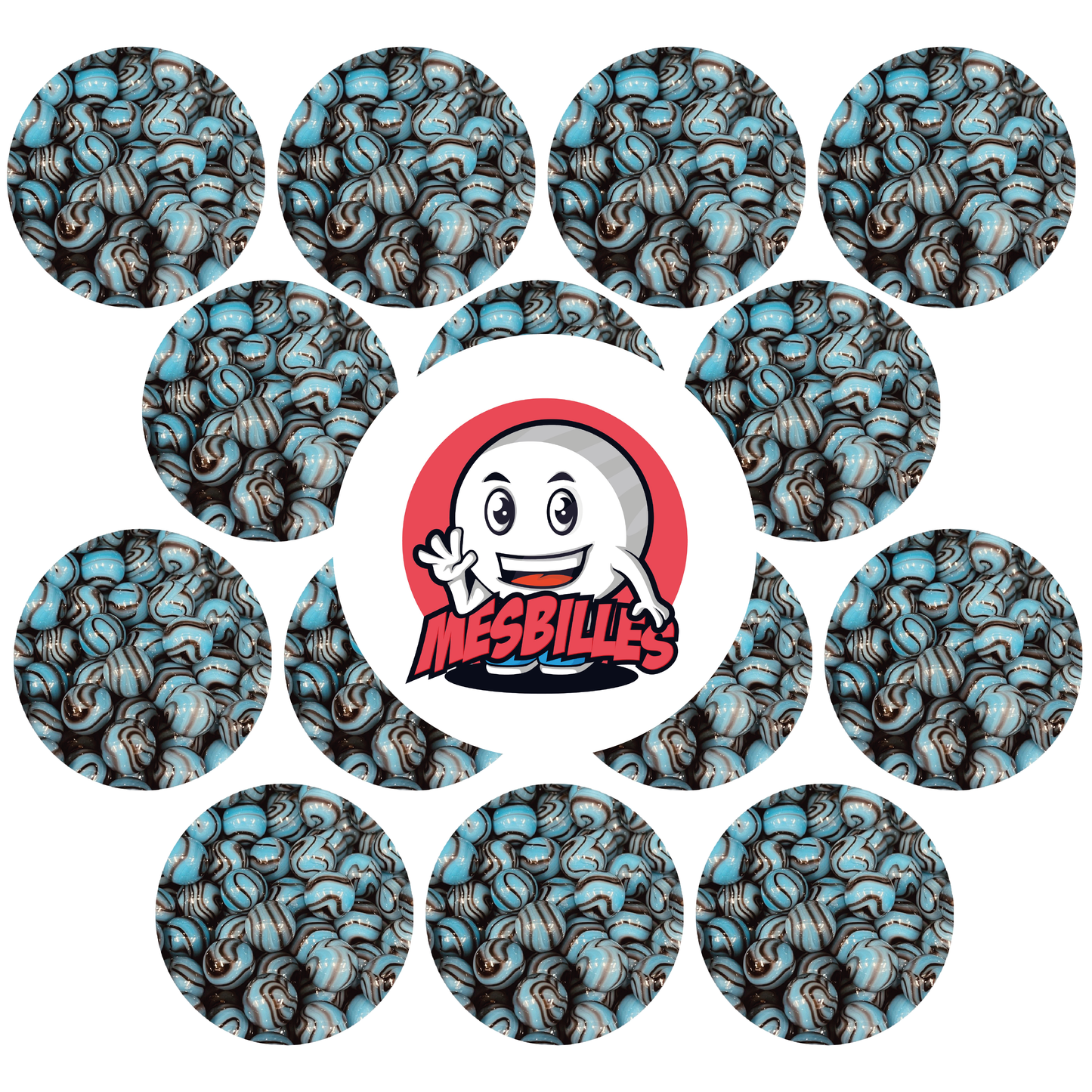 Image of the My-Glassmarbles Mascot surrounded by 16 mm Turquoise Zebra Marbles, playful safari within reach
