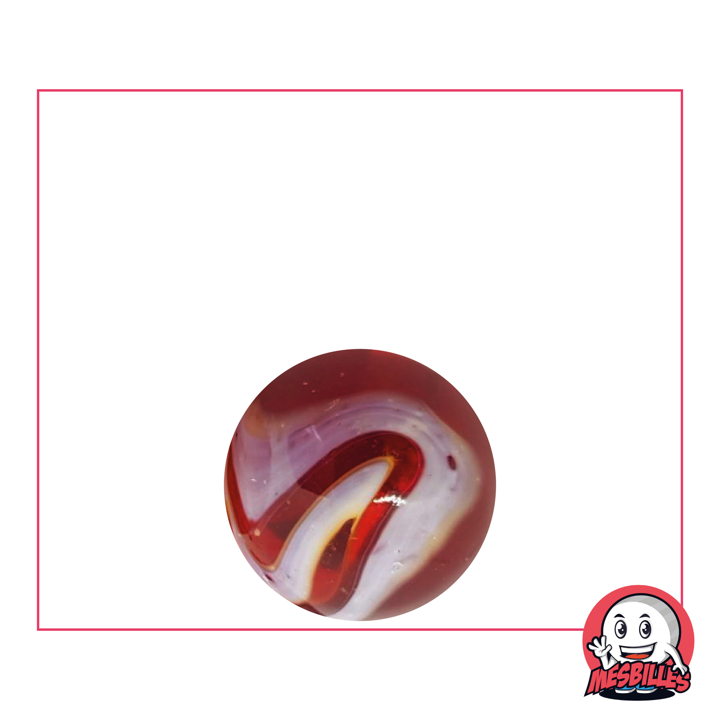 16 mm Marble Iguana, round marble in translucent red glass with white lines on the surface.