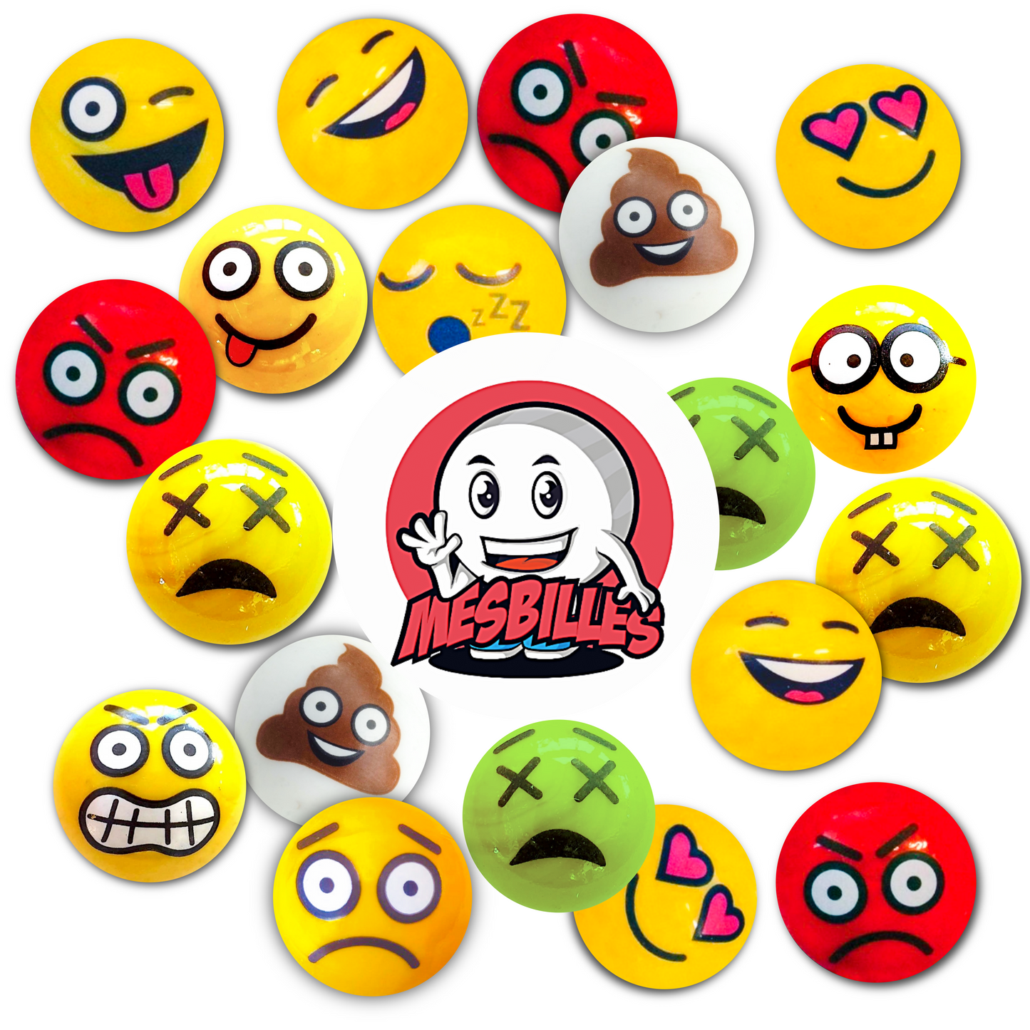 A creative circle of marbles with different expressions representing the entire emotional world of the My-Glassmarbles collection, around the central logo.