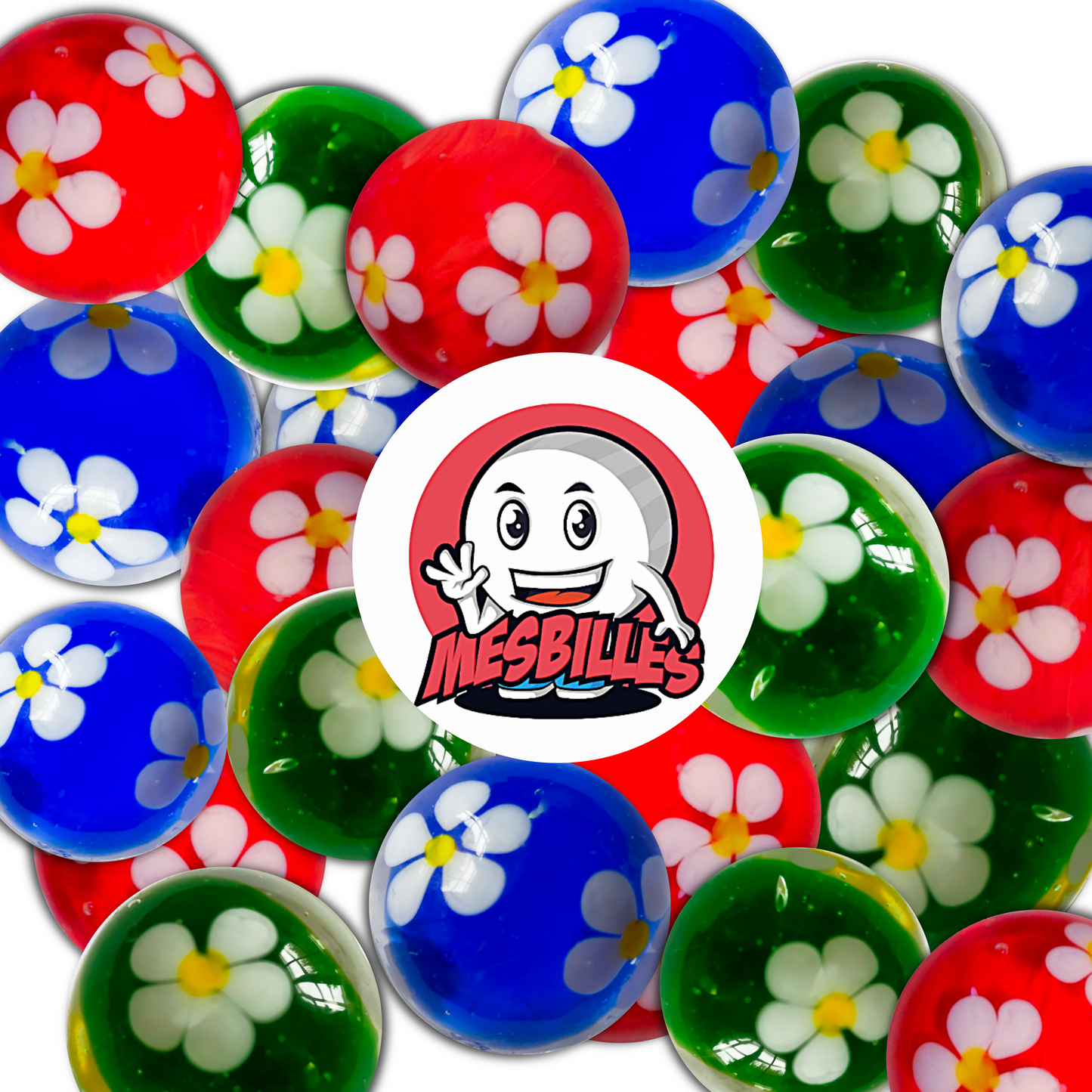 Red, green and blue Marbles from the Enchanted Garden collection, decorated with white flowers with five petals, grouped around the My-Glassmarbles Logo