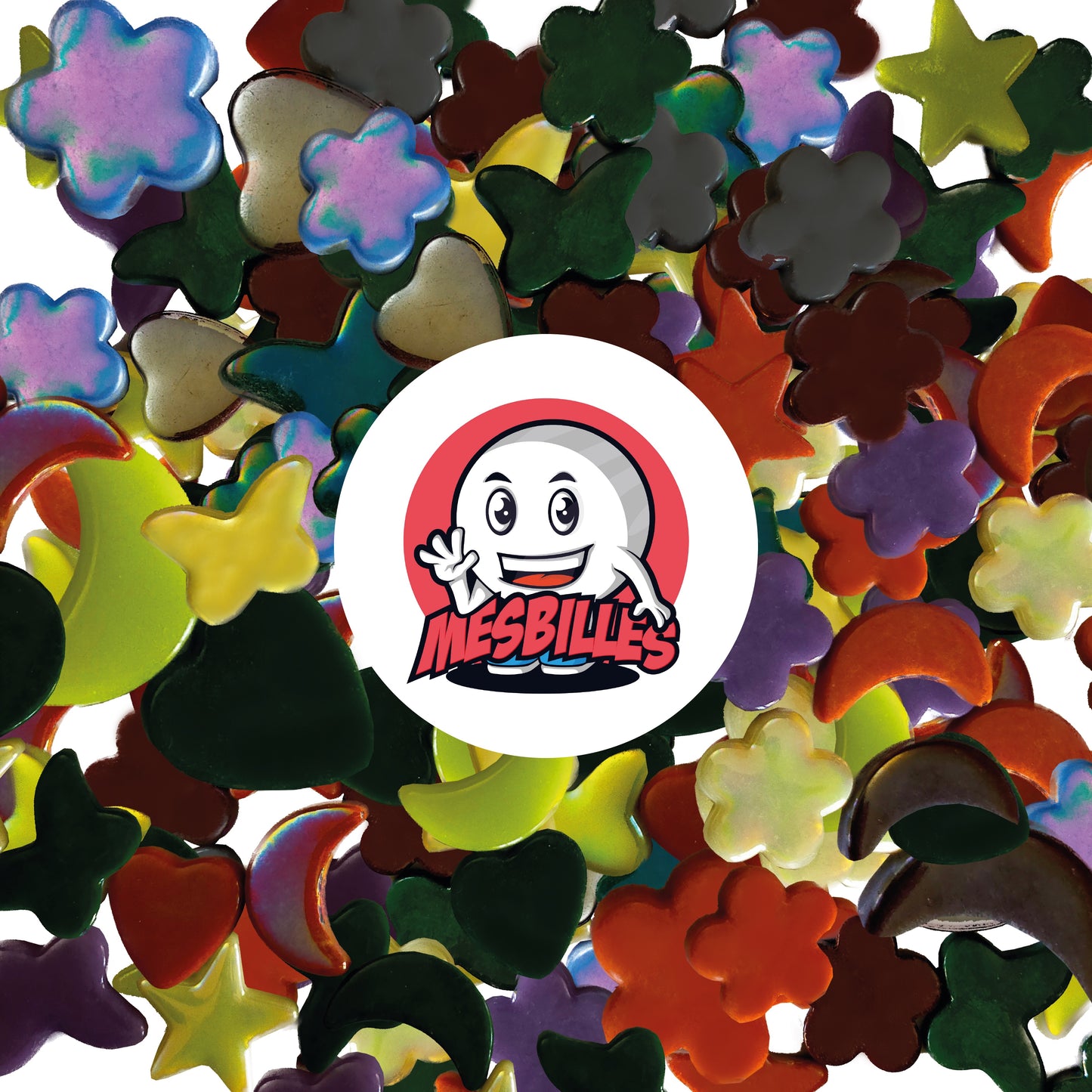 My-Glassmarbles mascot on butterfly marbles Purple Pearl Extra flat marbles