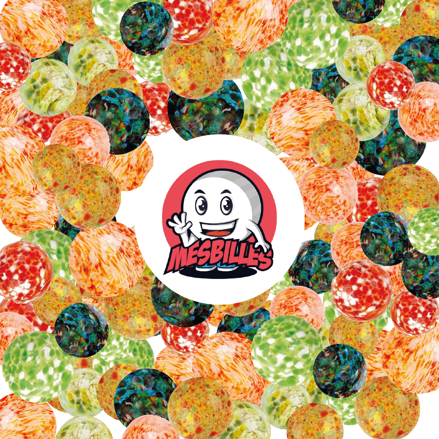Green 16 mm Flyer Marbles, and multicoloured marbles surrounding the mascot My-Glassmarbles translucent glass marbles with Multicoloured flecks