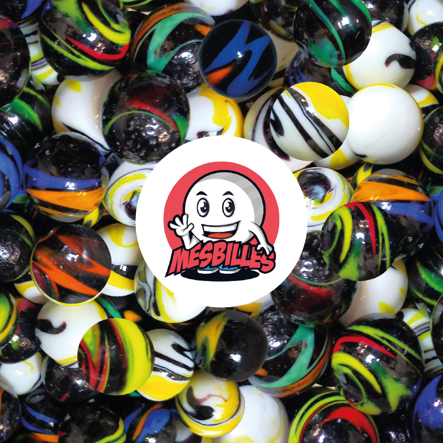 Kim'Play Diabolic Collector Marble, in 16 mm Black Opaque glass, with Yellow stripes.