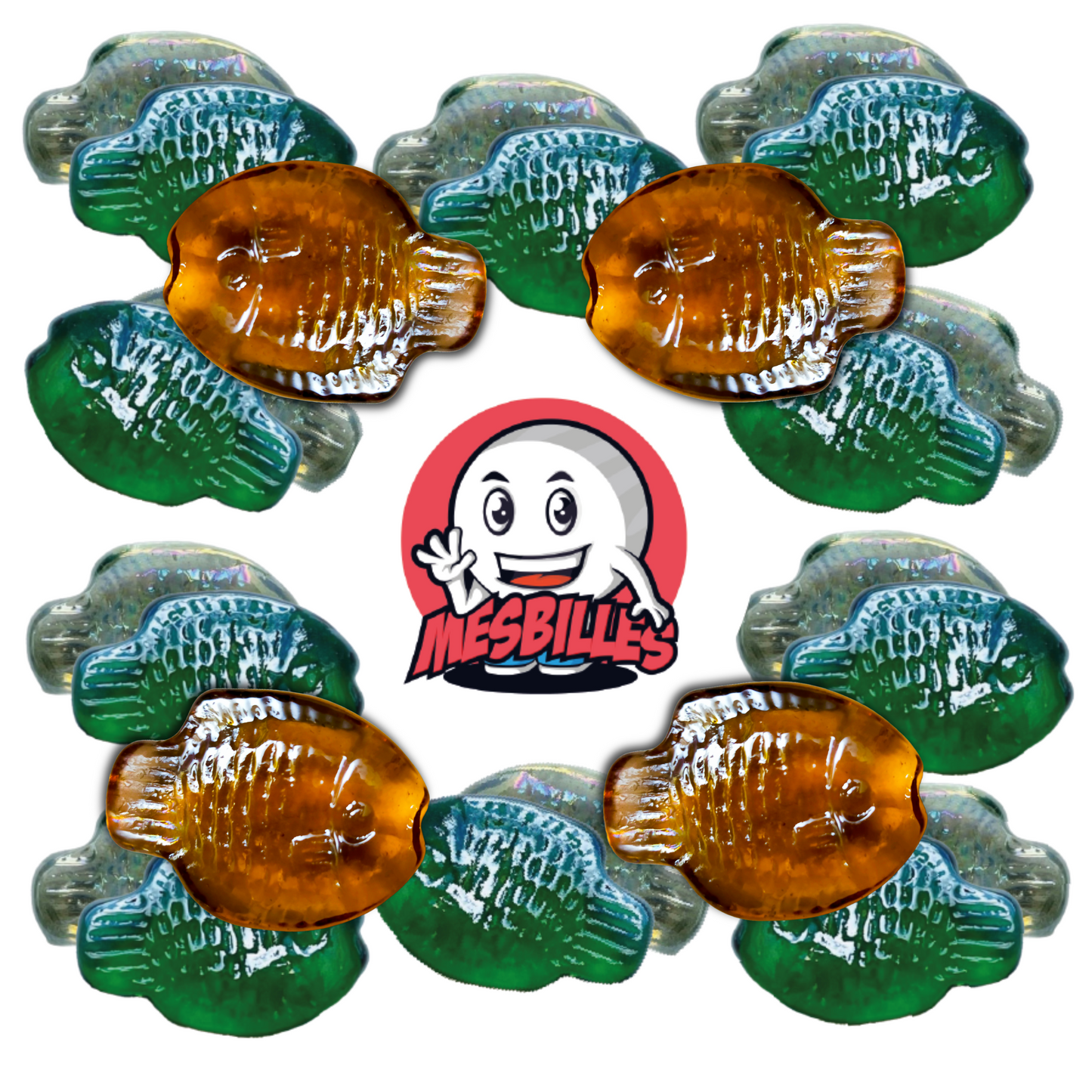 Close-up of blown glass Koi fish marbles, mixed amber and Iridescent green, around the My-Glassmarbles Logo.