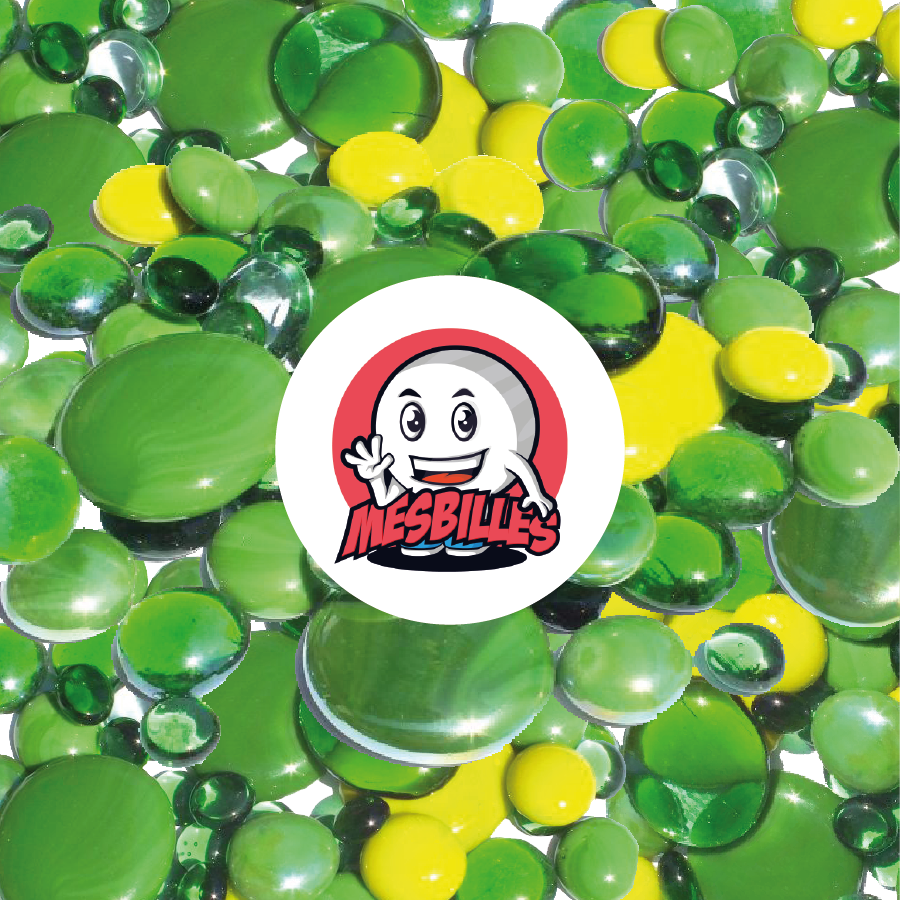 My-Glassmarbles - Flat Marbles in green, lime green and crystal, opaque and shiny