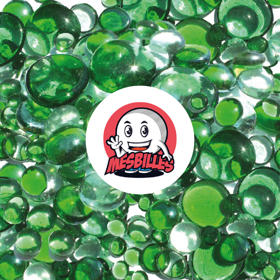 My-Glassmarbles - 500 grams of green Flat Marbles and various translucent crystals.