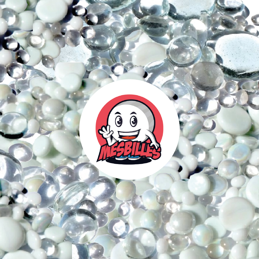 Mascot My-Glassmarbles and Flat Marbles in white and crystal glass, opaque and transparent, 12mm to 30mm