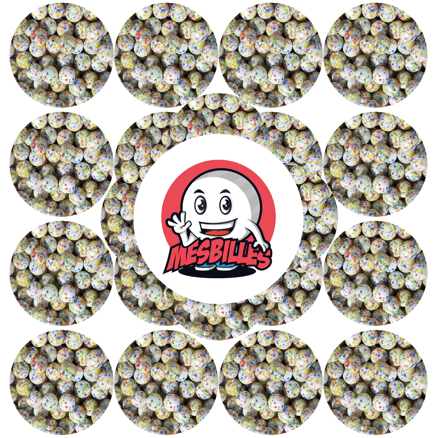 14 mm white opaque Marble with Multicolored Chips - My-Glassmarbles