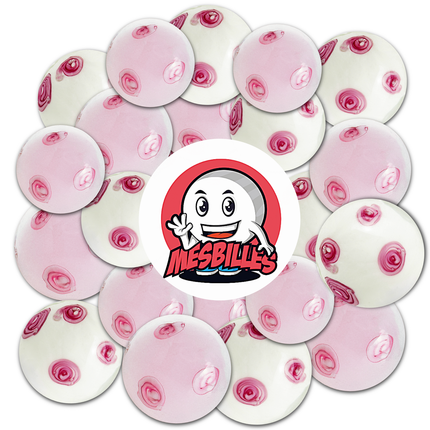 My-Glassmarbles mascot placed on 22 mm hand-crafted white Marbles decorated with delicate pink flowers, symbolising the freshness and ephemeral beauty of Japanese spring.