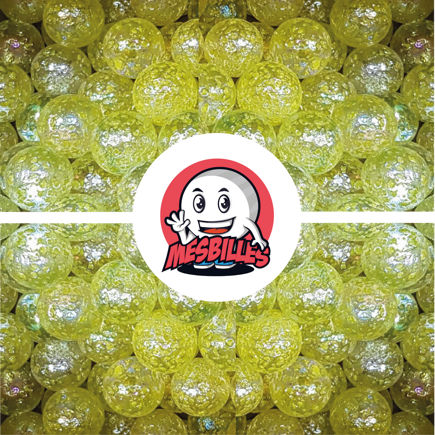 Image of My-Glassmarbles Mascot surrounded by Marbles Translucent glass Speckled nugget YELLOW 50 mm