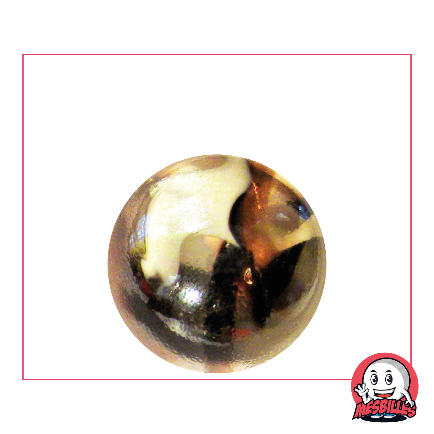 Image of the My-Glassmarbles Mascot surrounded by 25 mm Polar Marbles in brown crystal-clear glass