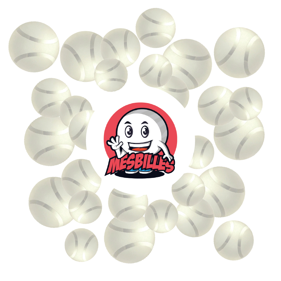 Close-up of several 30 mm Frosted Tennis Mate marbles in white frosted glass, with the My-Glassmarbles Logo in the centre.