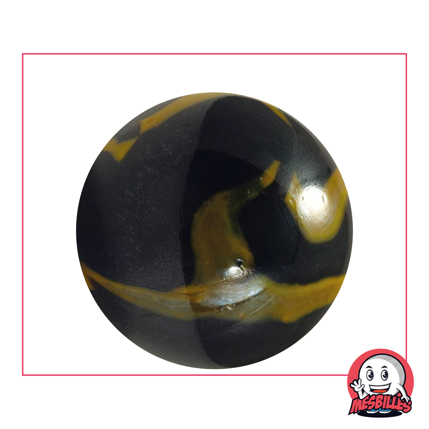 Underground Marble 42 mm in shiny black glass with yellow spots, whale-sized marble, large marble.