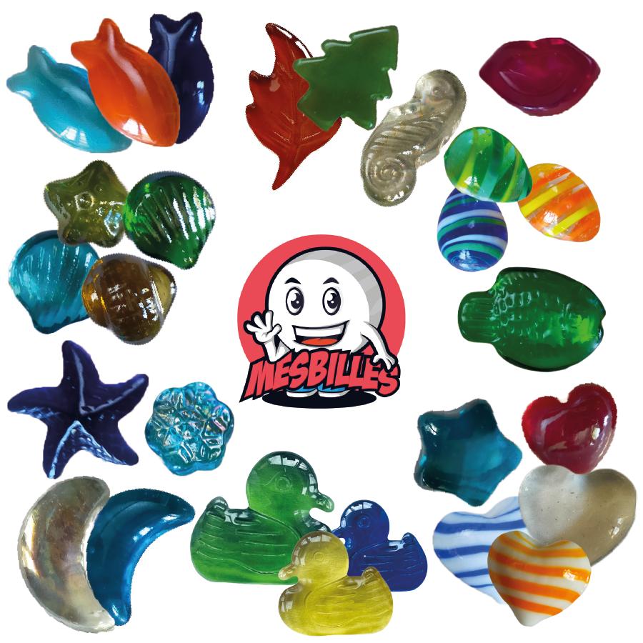 Flat glass marbles, shaped marbles: duck marbles, mouth marbles, leaf marbles, egg marbles, heart marbles, fish marbles