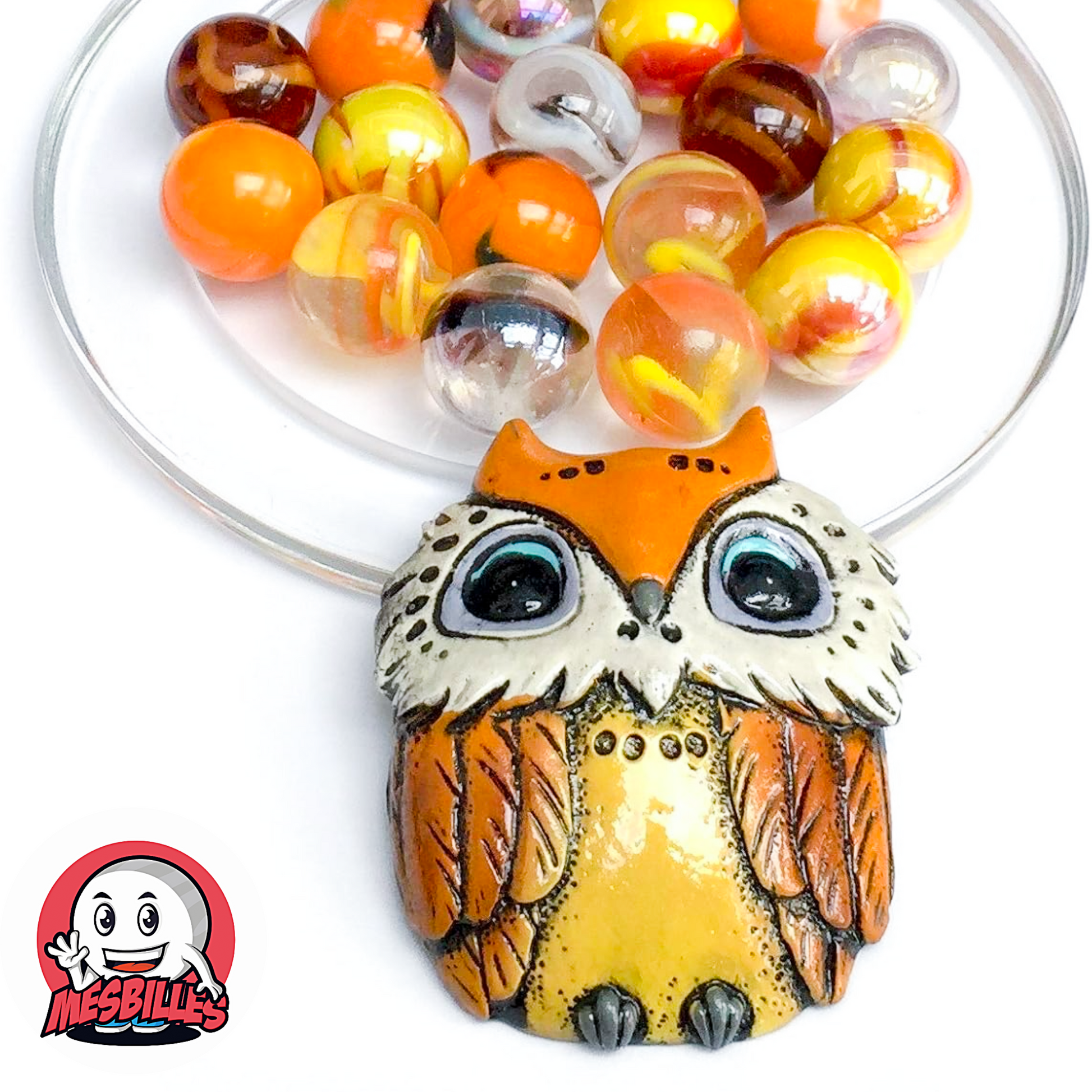 Orange ceramic owl with 20 yellow, orange and transparent Marbles - My-Glassmarbles Collection