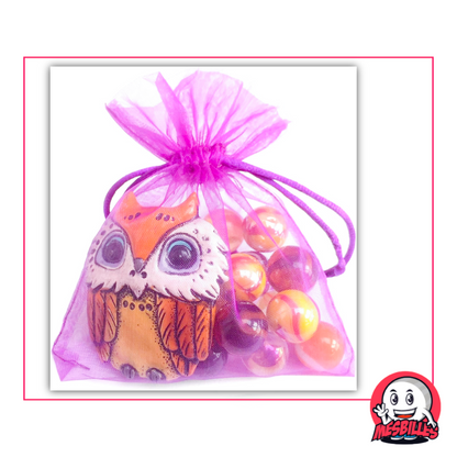 Decorative orange owl with 20 coloured Marbles in a transparent bag