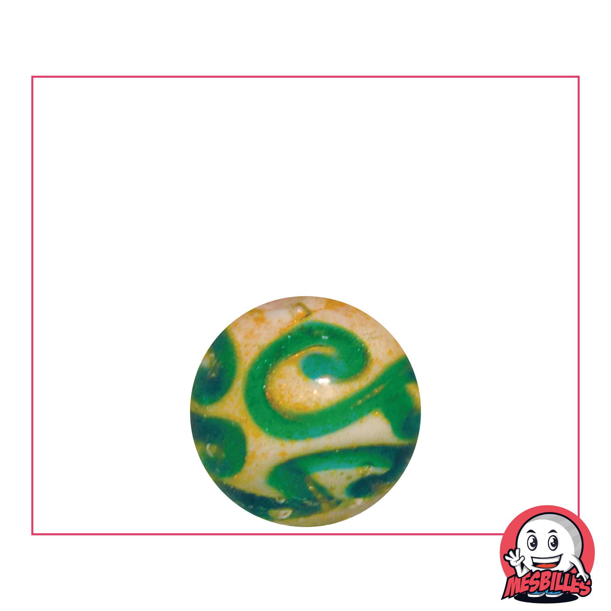 Marbles 16 mm, white with green arabesques and gold glitter - secure delivery