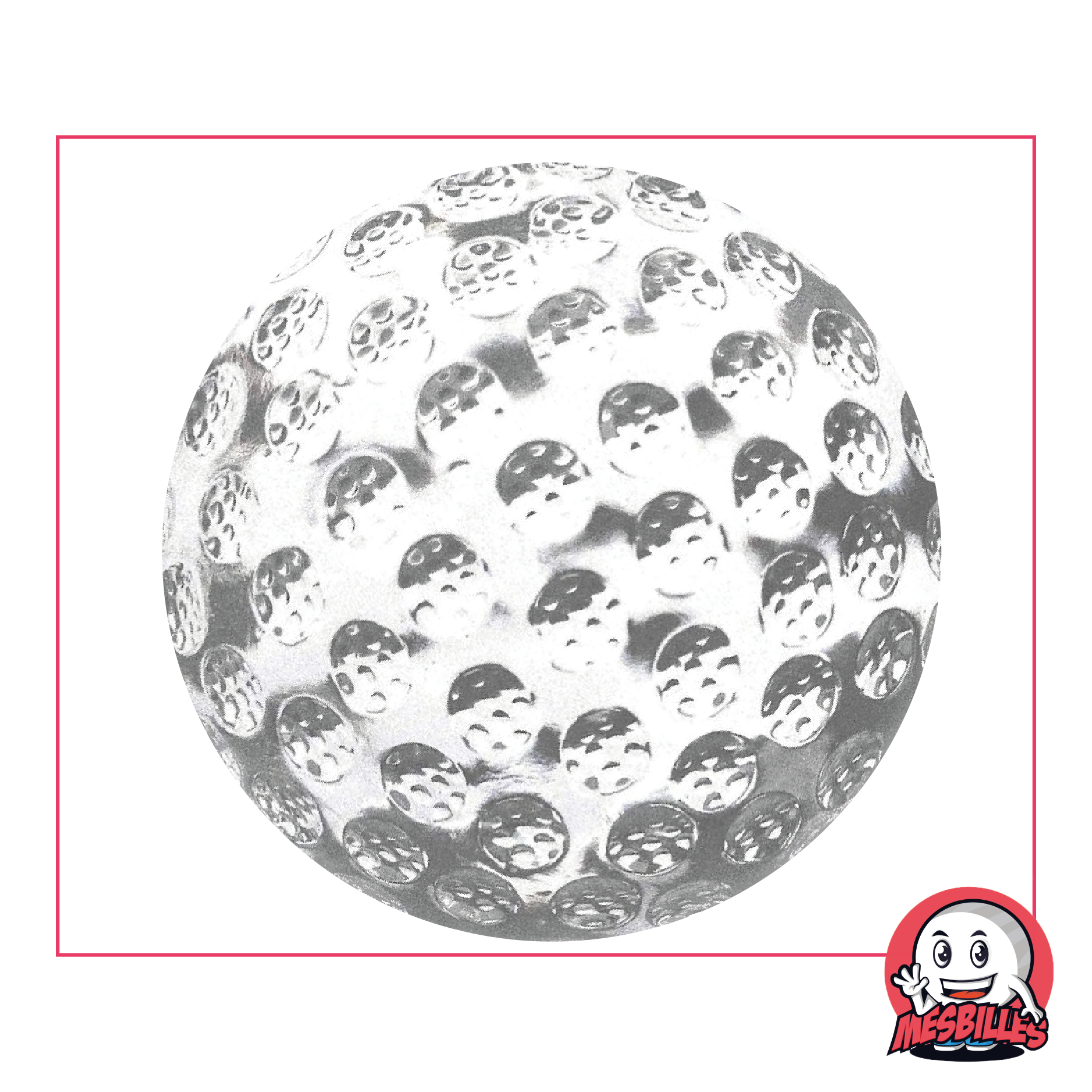 Photo of a 60 mm Marble in translucent glass, with golf ball relief, sold individually on My-Glassmarbles.