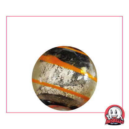 My-Glassmarbles Dragon Eye bead, semi-opaque black and silver, orange stripes, 25mm diameter