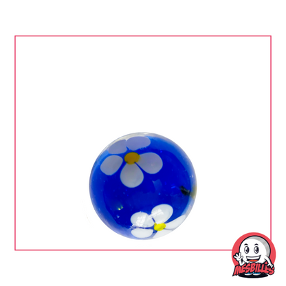 16 mm blue Marble with a white flower with five petals and a Yellow heart, suspended in transparent glass