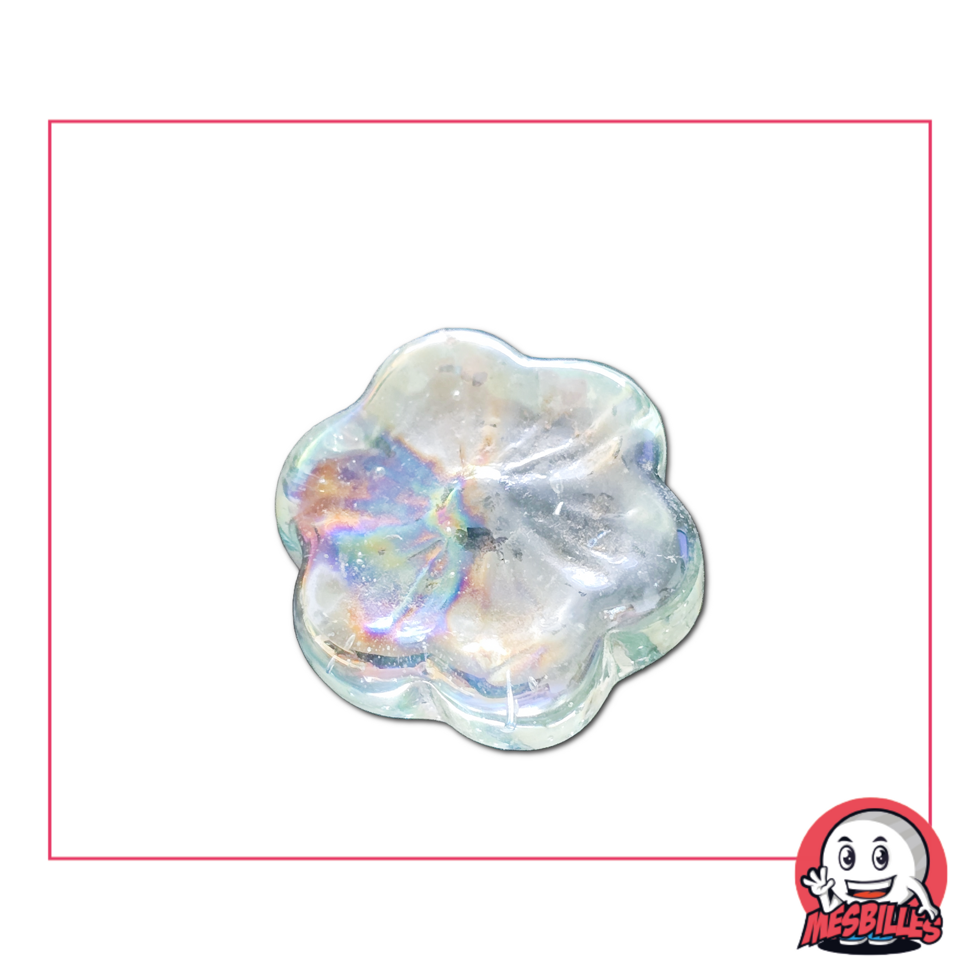 Photo of a Cosmos flower-shaped flat marble in crystal glass, 2.5 cm, with pearly highlights, sold individually on My-Glassmarbles.