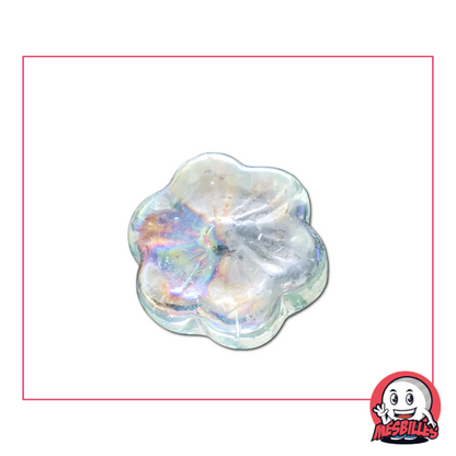 Photo of a Cosmos flower-shaped flat marble in crystal glass, 2.5 cm, with pearly highlights, sold individually on My-Glassmarbles.