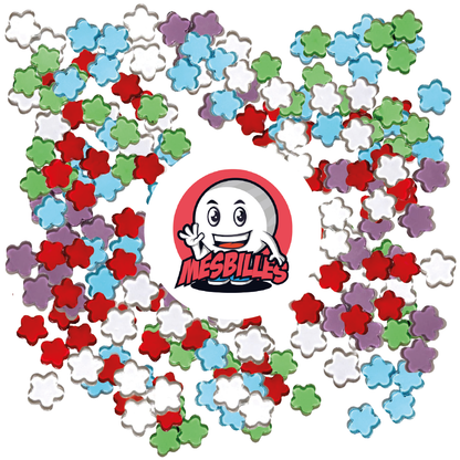 Image of the My-Glassmarbles Mascot surrounded by Extra-Flat Marbles Flower in Crystal Translucent Glass - My-Glassmarbles