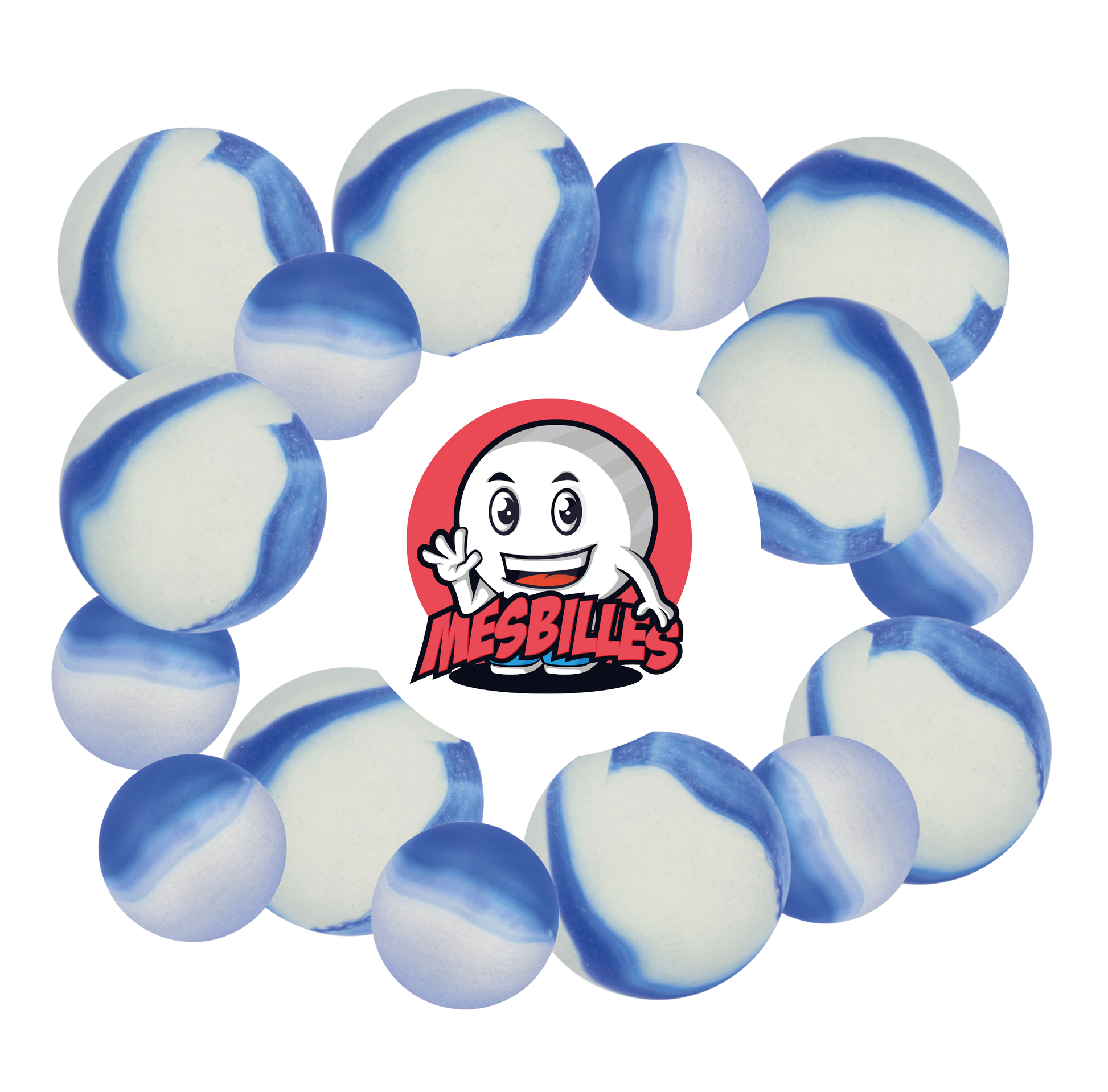 Image of My-Glassmarbles Mascot surrounded by Frosted Marbles - Glass Marble Frosted Blue 22 mm My-Glassmarbles