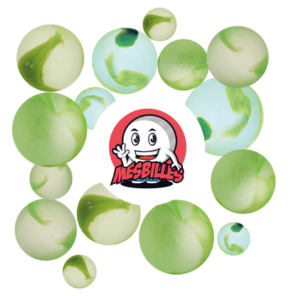 Image of My-Glassmarbles Mascot surrounded by Frosted Marbles - Glass Marble Frosted striated with Green 14 mm My-Glassmarbles