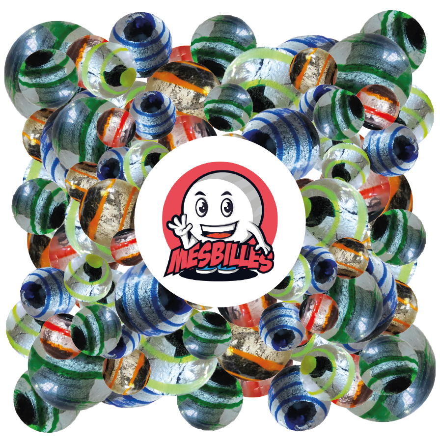 Image of the My-Glassmarbles Mascot surrounded by Marbles My-Glassmarbles Dragon's Eye, 16mm, semi-opaque silver-black, striped yellowMarbles My-Glassmarbles Dragon's Eye, 16mm, semi-opaque silver-black, striped yellow