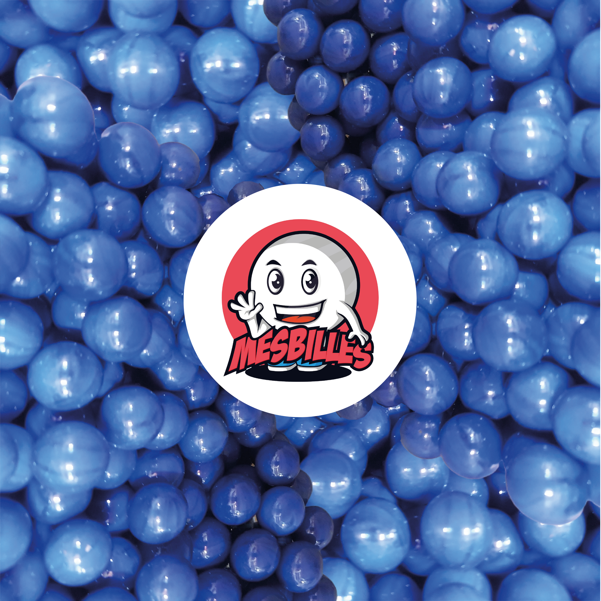 Image of the Mascot My-Glassmarbles surrounded by Pearl Opaque Marbles 14 mm | An Ode to the Colour Blue - My-Glassmarbles
