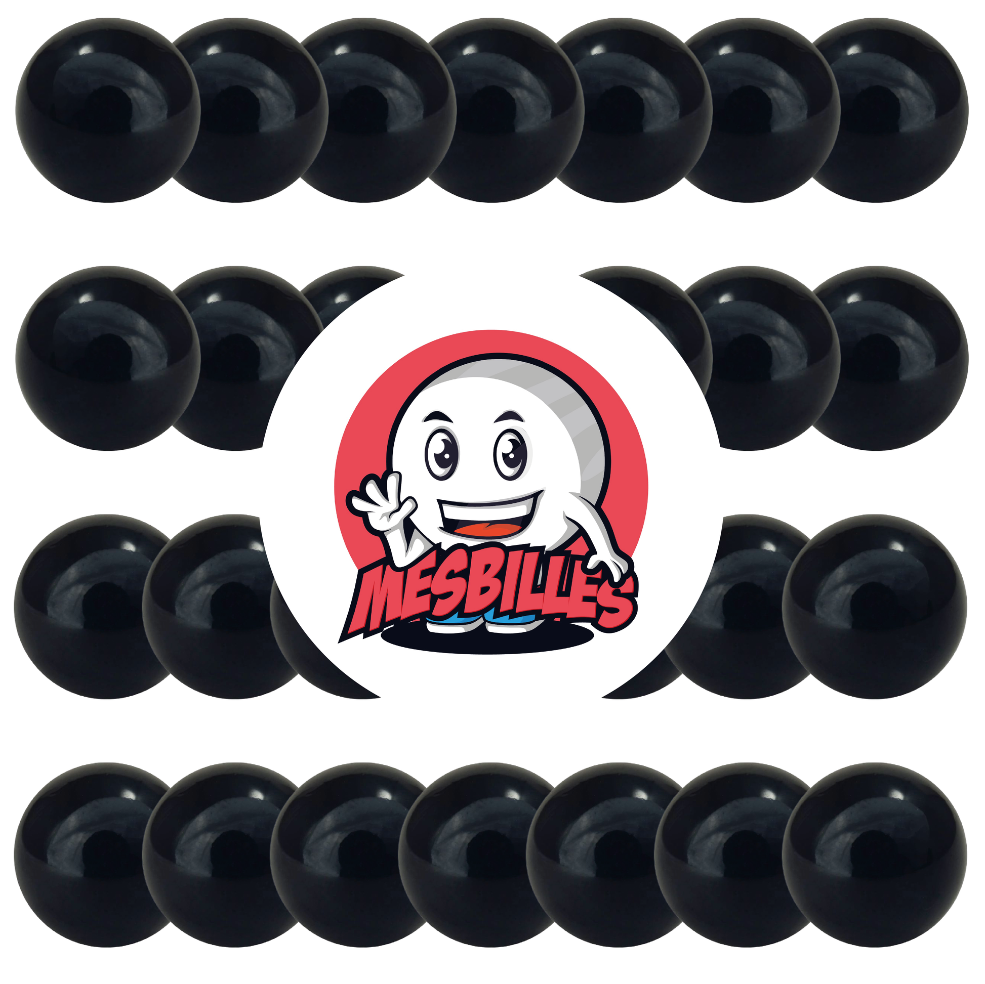 Picture of My-Glassmarbles Mascot surrounded by 16 mm Black Opaque Pearl Marbles - Round Glass Marble