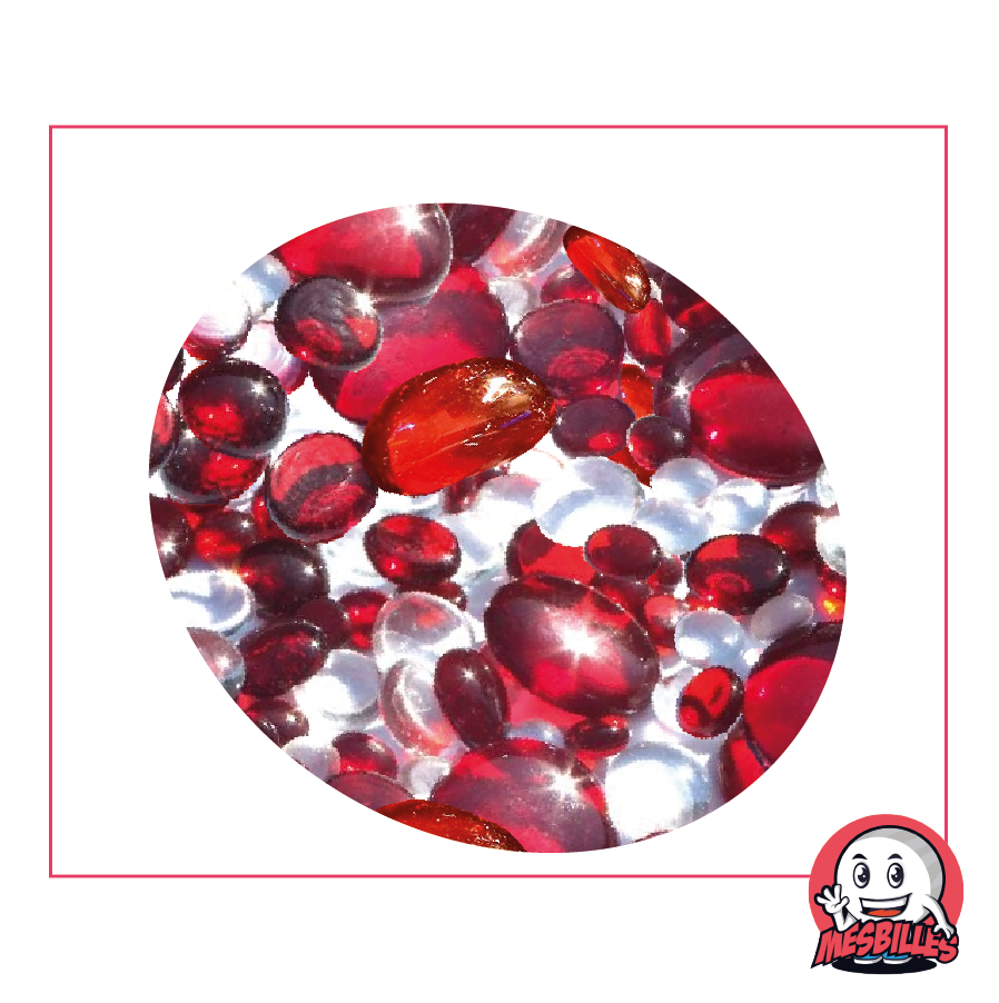 Glass Flat Marbles red and crystal translucent, sizes 12mm-30mm