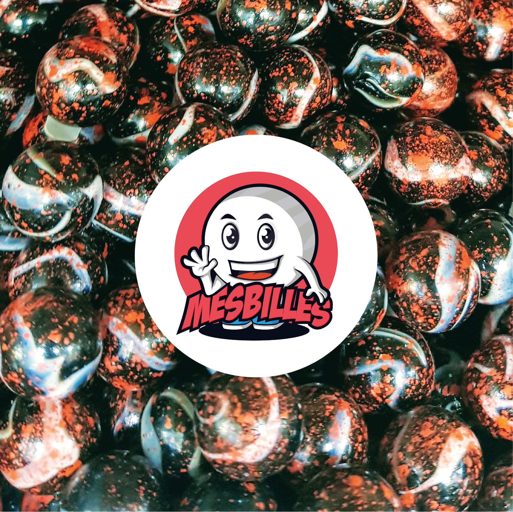Image of the My-Glassmarbles Mascot surrounded by Dracula Marbles 14 mm in red-white opaque glass with black spots