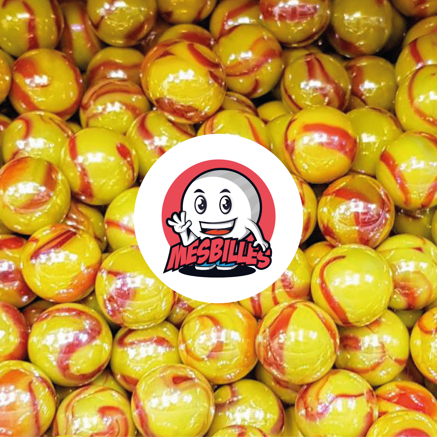 Image of My-Glassmarbles Mascot surrounded by 16 mm Dragon Marbles - Incredible Combination of Yellow and Red in Opaque and Shiny Glass