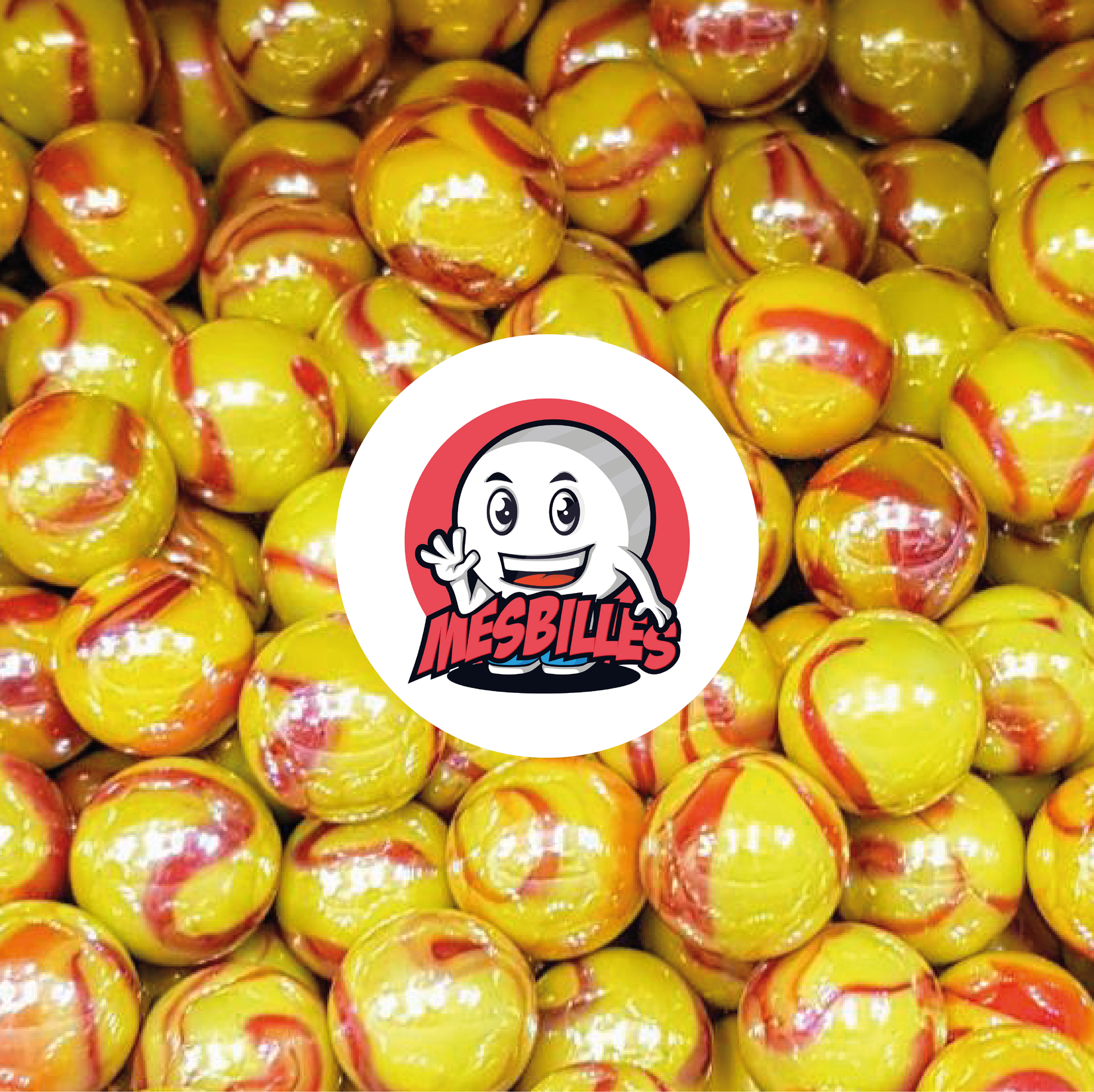 Image of My-Glassmarbles Mascot surrounded by 16 mm Dragon Marbles - Incredible Combination of Yellow and Red in Opaque and Shiny Glass