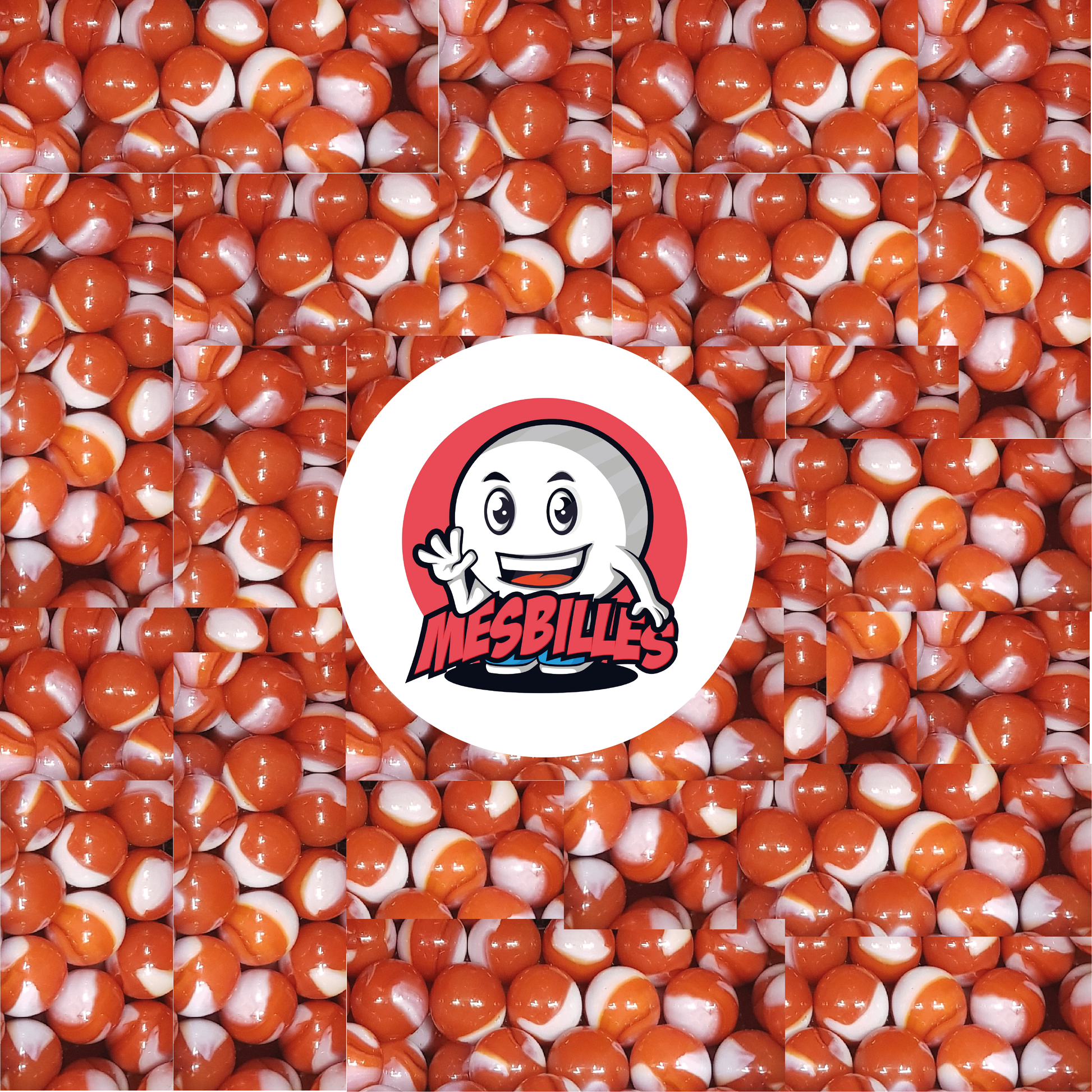Image of the My-Glassmarbles Mascot surrounded by Junon Marbles 16 mm Orange with white traces