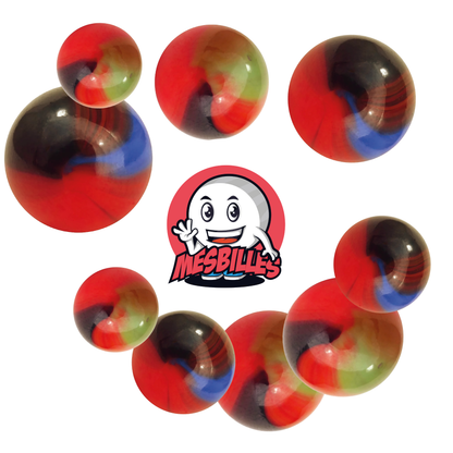 Image of the My-Glassmarbles Mascot surrounded by 35 mm Marbles in orange glass with green and brown stripes