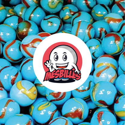 Image of the My-Glassmarbles Mascot surrounded by Blue Opaque Planet Earth Marbles with traces of Black 50 mm