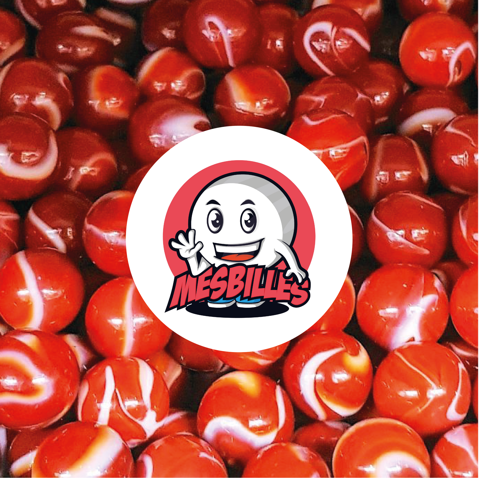 Image of the My-Glassmarbles Mascot surrounded by opaque red Marbles with traces of white, opaque glass marble, 25 mm
