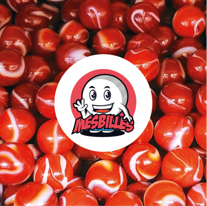 Image of the My-Glassmarbles Mascot surrounded by opaque red Marbles with traces of white, opaque glass marble, 25 mm