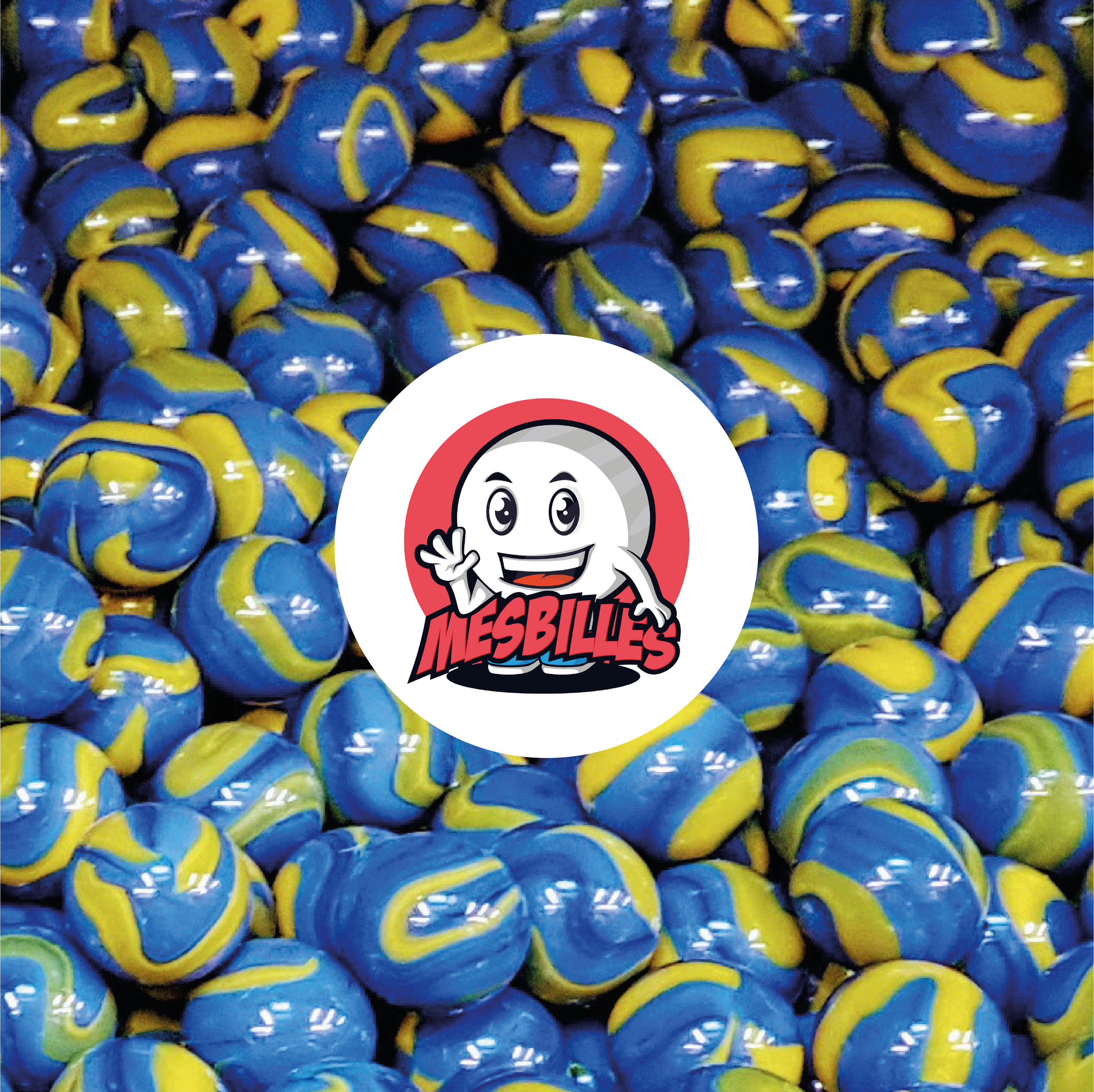 Image of the My-Glassmarbles Mascot surrounded by Van Gogh Marbles 42 mm in opaque Yellow glass with blue stripes