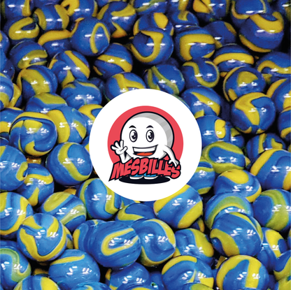 Image of the My-Glassmarbles Mascot surrounded by Van Gogh Marbles 42 mm in opaque Yellow glass with blue stripes