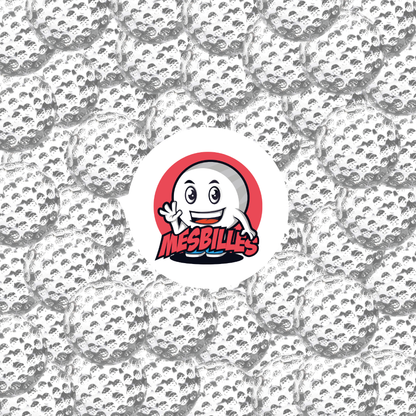 Close-up of several Crystal Golf Ball 100 mm marbles, in transparent textured glass, arranged around the My-Glassmarbles Logo.