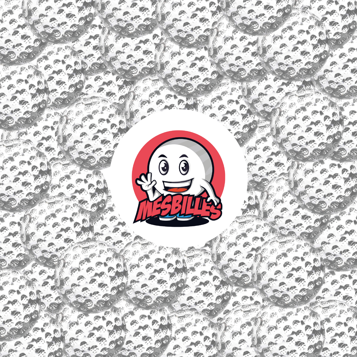 Close-up of a set of Cristal Golf Ball 60 mm glass marbles, with a sporty texture, surrounding the My-Glassmarbles Logo.