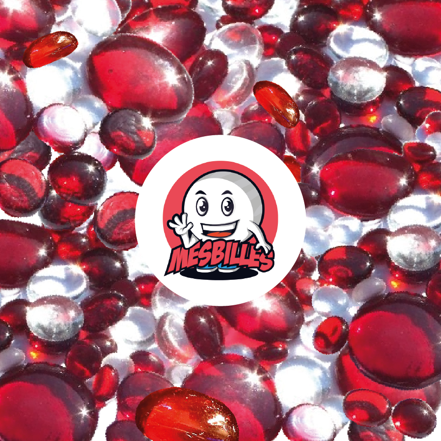 My-Glassmarbles Mascot - Red and crystal translucent glass Flat Marbles, sizes 12mm-30mm