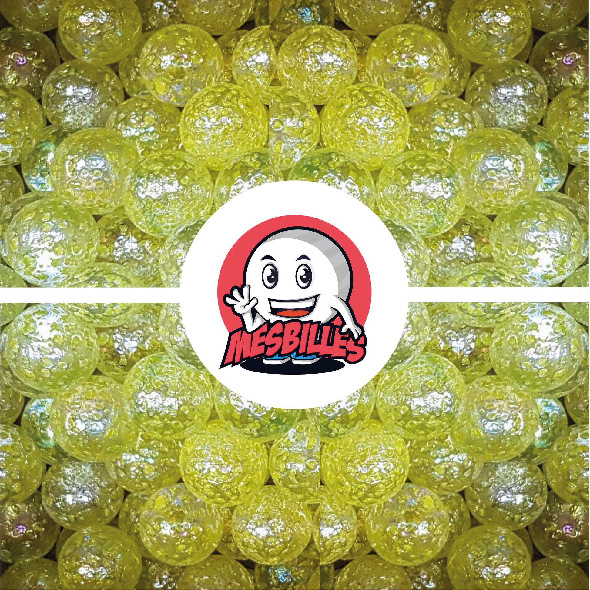 Image of My-Glassmarbles Mascot surrounded by Marbles Translucent glass Speckled nugget YELLOW 50 mm
