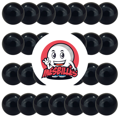 Photo of 30 mm round black marbles, shiny and made of Bohemian glass, sold individually on My-Glassmarbles.
