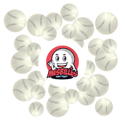 Close-up of several 30 mm Frosted Tennis Mate marbles in white frosted glass, with the My-Glassmarbles Logo in the centre.