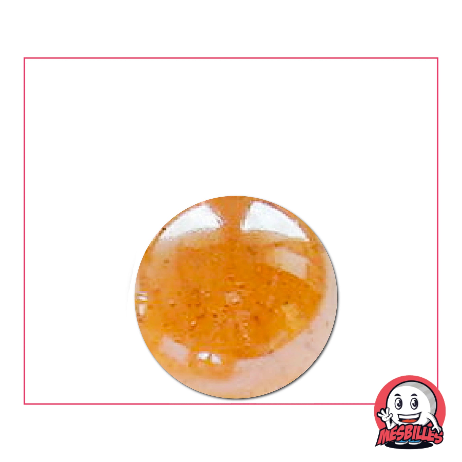 Gros plan d’une bille Irisé Pêche 16 mm orange nacré avec reflets irisés, idéale pour collection ou jeu de billes
